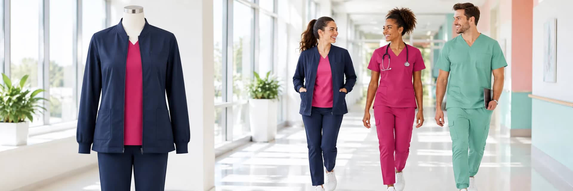 A navy scrub jacket over a raspberry scrub top in a bright hallway