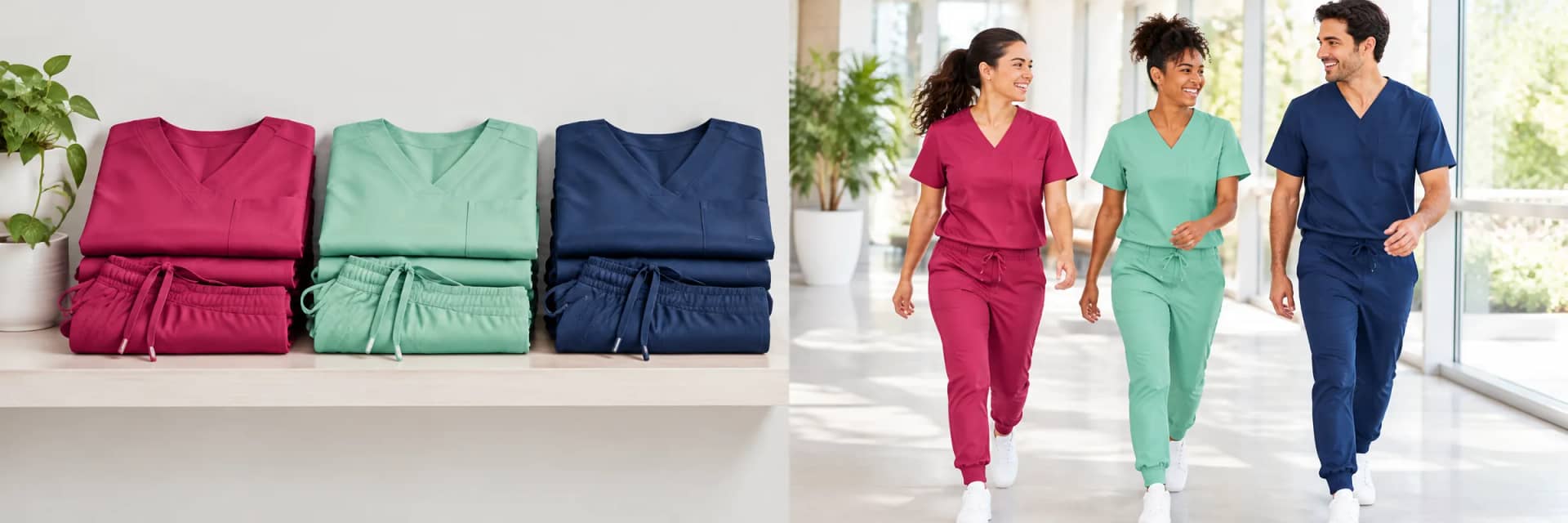 Scrub tops and jogger pants folded in raspberry, mint and navy
