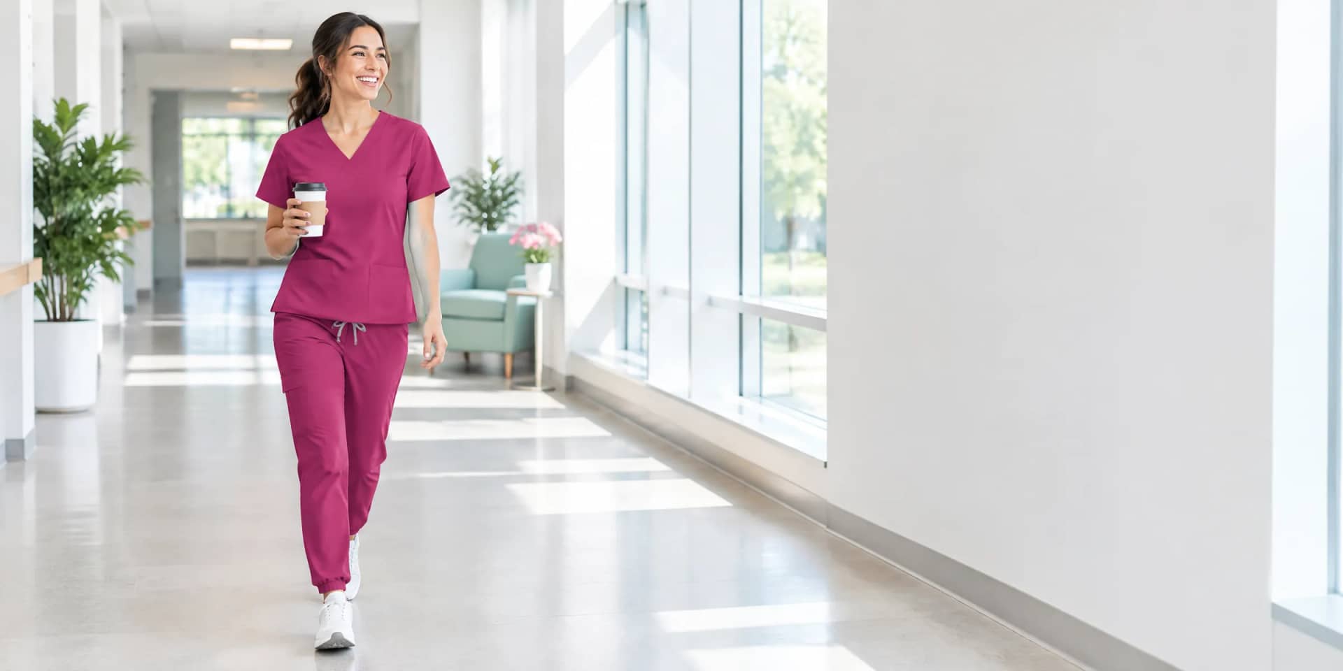A smiling woman in a raspberry scrub set walking through a bright corridor